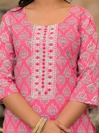 Juniper Women's Pink Ethnic Motif Printed Cotton Kurta, Pant And Dupatta Set With Thread And Mirror Work