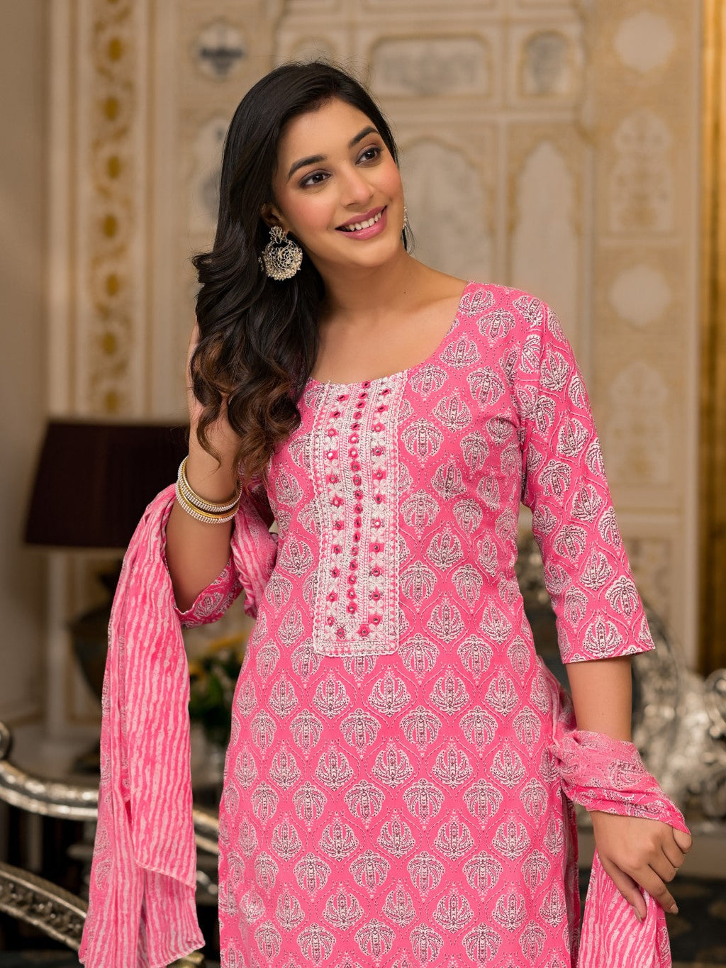 Juniper Women's Pink Ethnic Motif Printed Cotton Kurta, Pant And Dupatta Set With Thread And Mirror Work