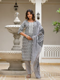 Juniper Women's Grey Ethnic Motif Printed Cotton Kurta, Pant And Dupatta Set With Thread & Mirror Work