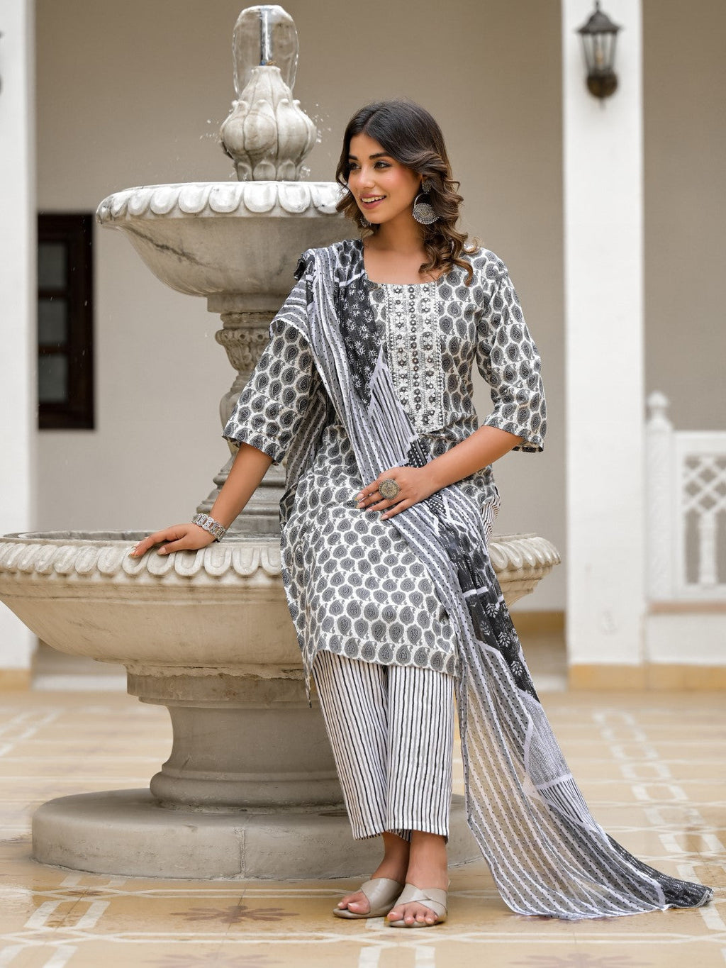 Juniper Women's Grey Ethnic Motif Printed Cotton Kurta, Pant And Dupatta Set With Thread & Mirror Work