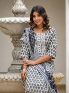 Juniper Women's Grey Ethnic Motif Printed Cotton Kurta, Pant And Dupatta Set With Thread & Mirror Work