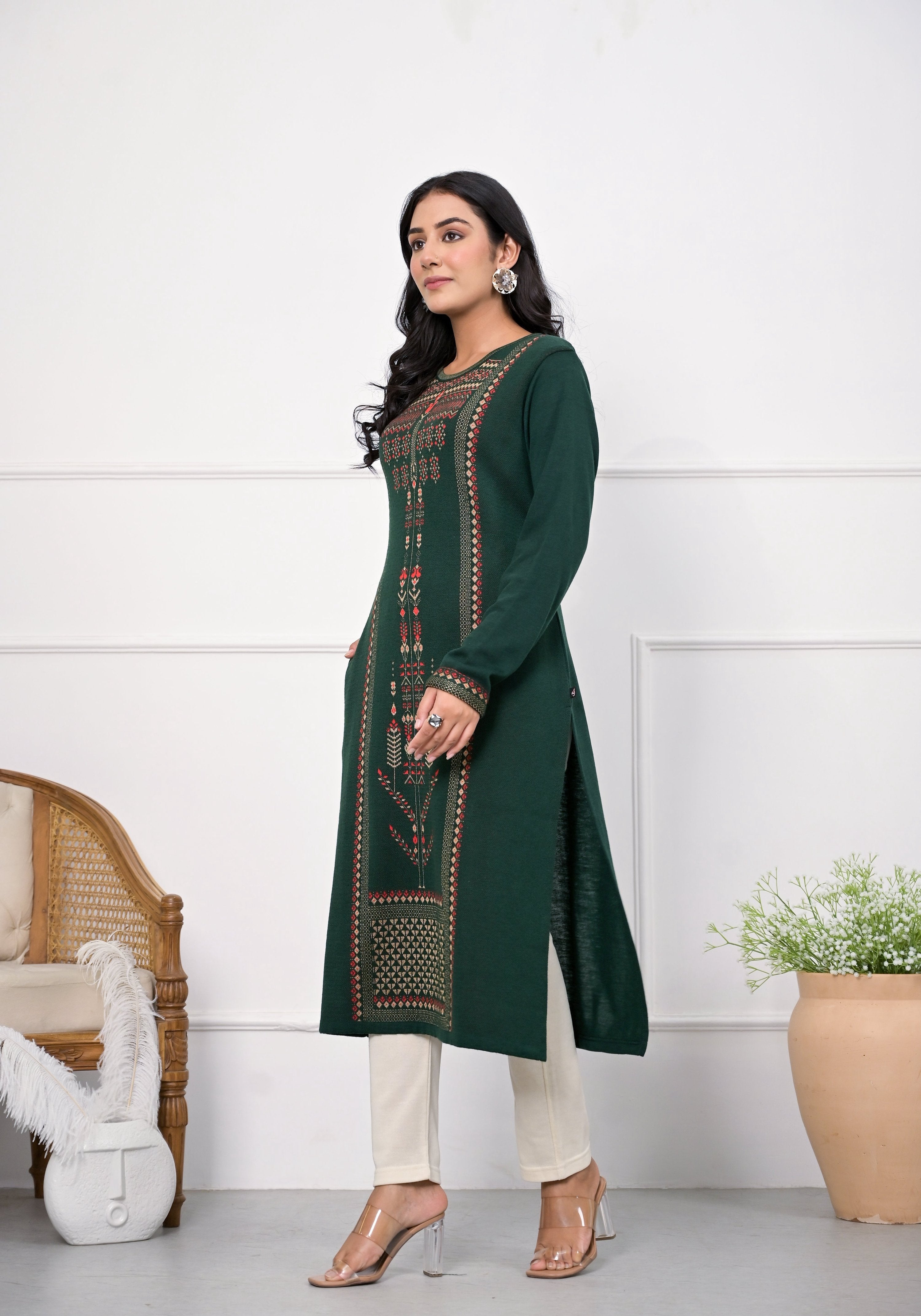 Juniper Bottle Green Ethnic Motif Printed Cotton Kurta - Distacart