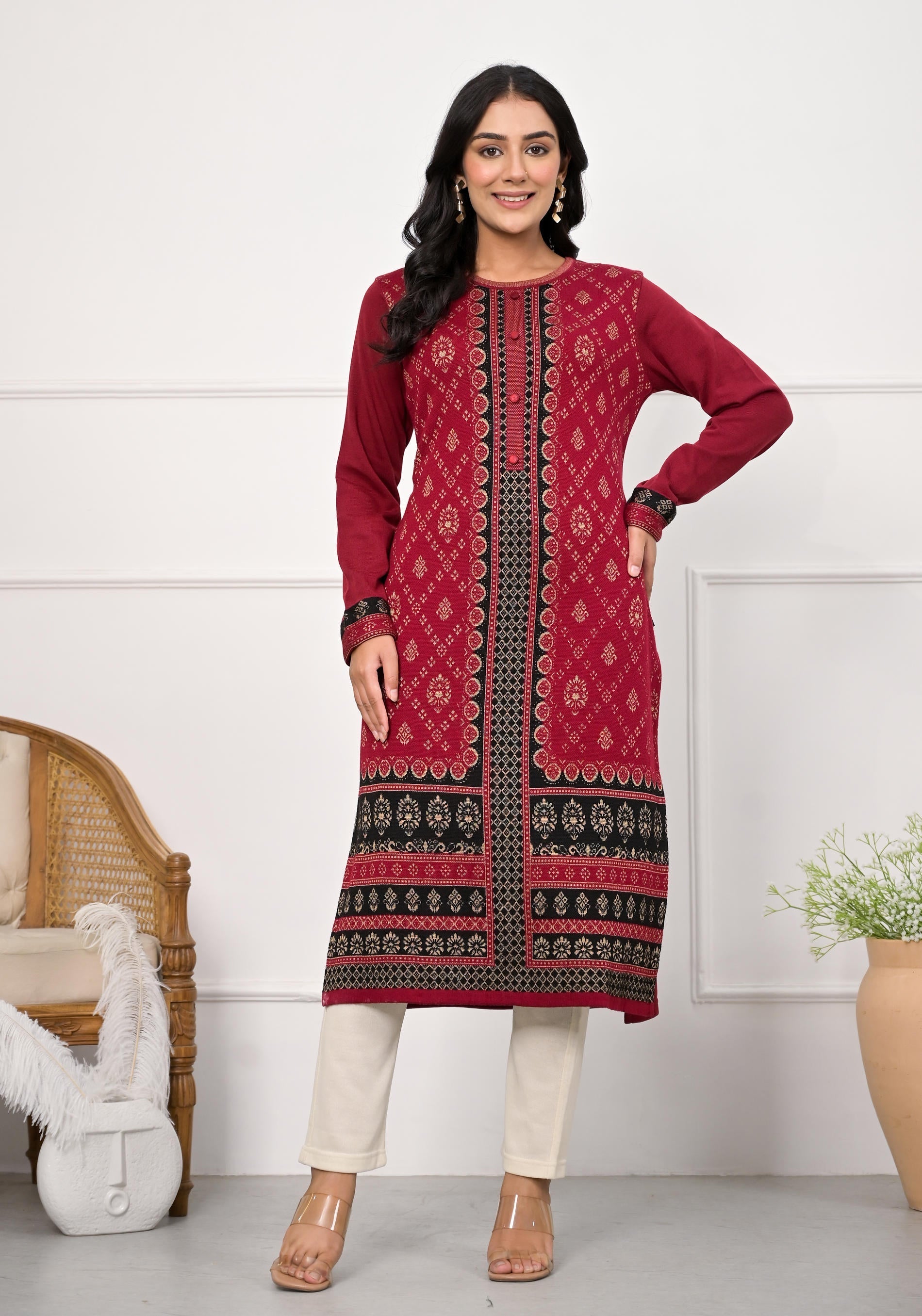 Juniper Maroon Ethnic Motif Printed Cotton Kurta - Distacart