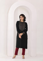 Juniper Women's Black Ethnic Motif Printed Cotton Winter Wear Kurta
