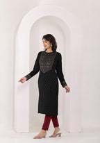 Juniper Women's Black Ethnic Motif Printed Cotton Winter Wear Kurta