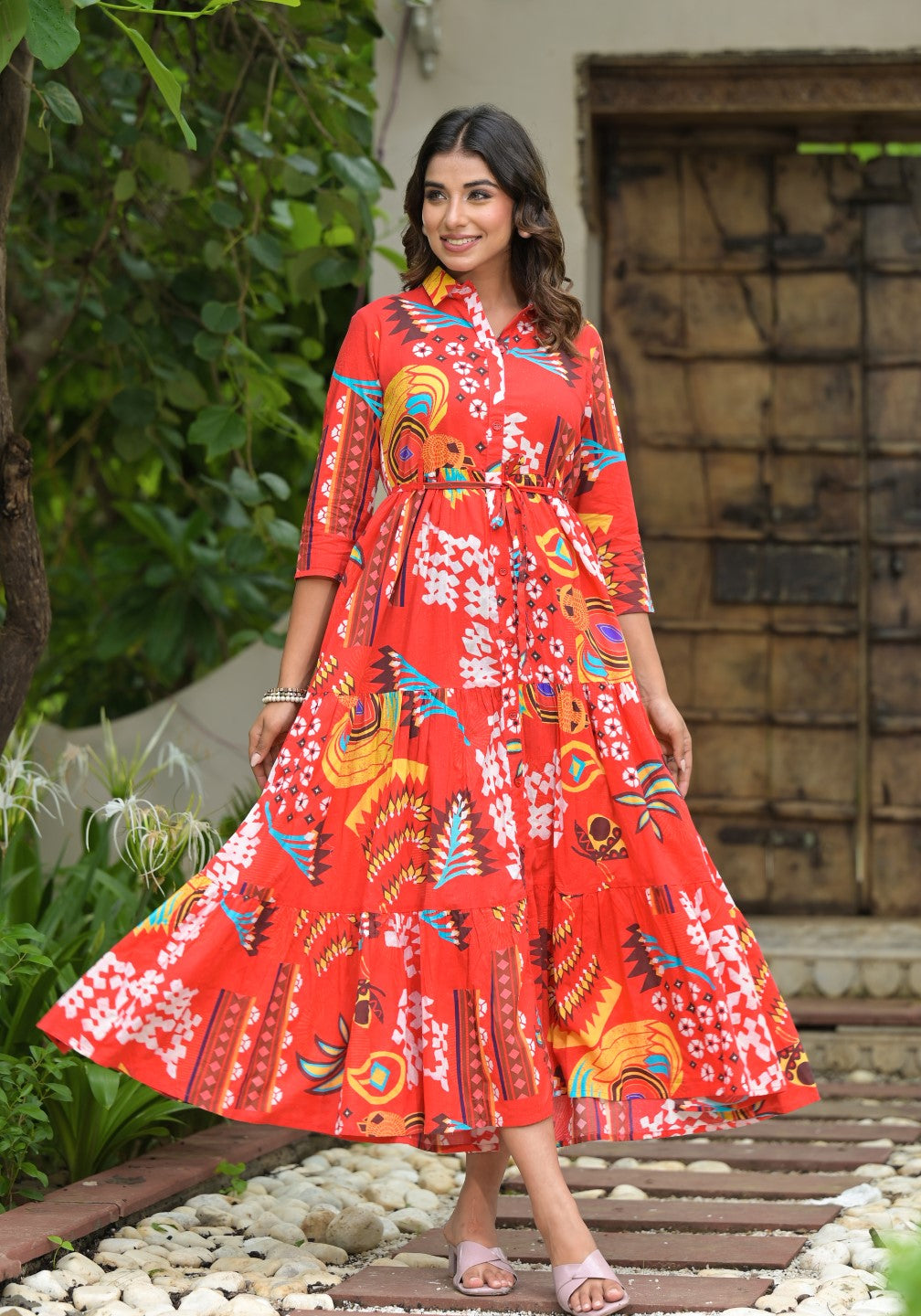 Juniper Women's Red Geometric Printed Cambric Dress With Buttons & Doris On Waist - Distacart