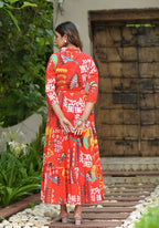 Juniper Women's Red Geometric Printed Cambric Dress With Buttons & Doris On Waist - Distacart