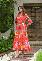 Juniper Women's Red Geometric Printed Cambric Dress With Buttons & Doris On Waist - Distacart