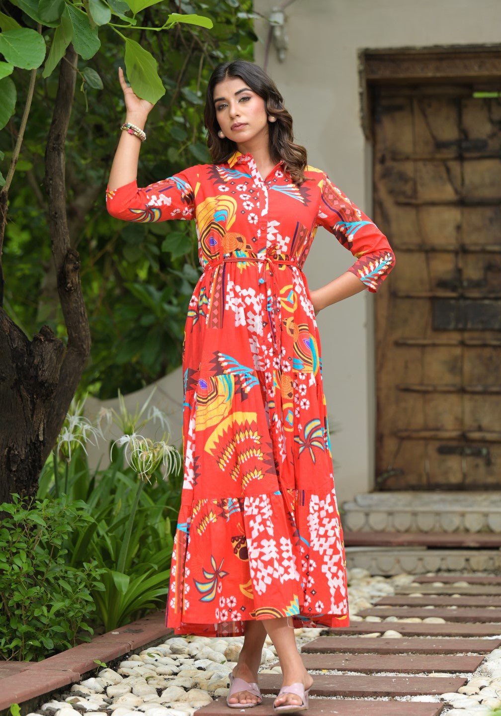 Juniper Women's Red Geometric Printed Cambric Dress With Buttons & Doris On Waist - Distacart