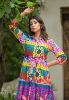Juniper Women's Multi Geometric Printed Cambric Dress With Buttons & Doris On Waist - Distacart