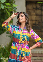 Juniper Women's Multi Geometric Printed Cambric Dress With Buttons & Doris On Waist - Distacart
