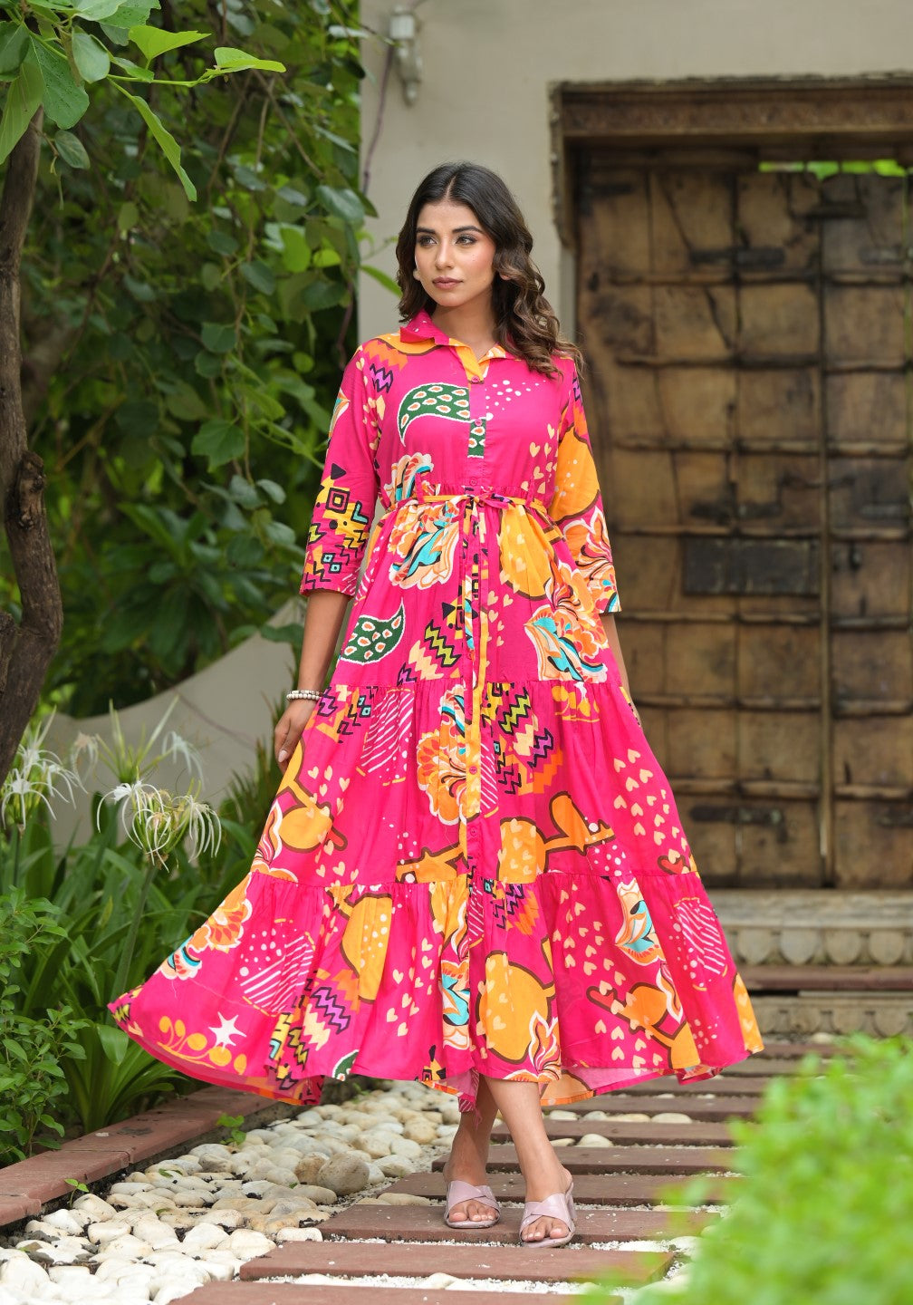 Juniper Women's Fuchsia Geometric Printed Cambric Dress With Buttons & Doris On Waist - Distacart