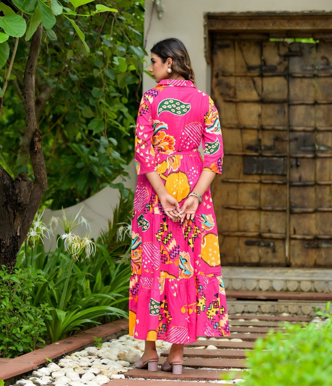 Juniper Women's Fuchsia Geometric Printed Cambric Dress With Buttons & Doris On Waist - Distacart