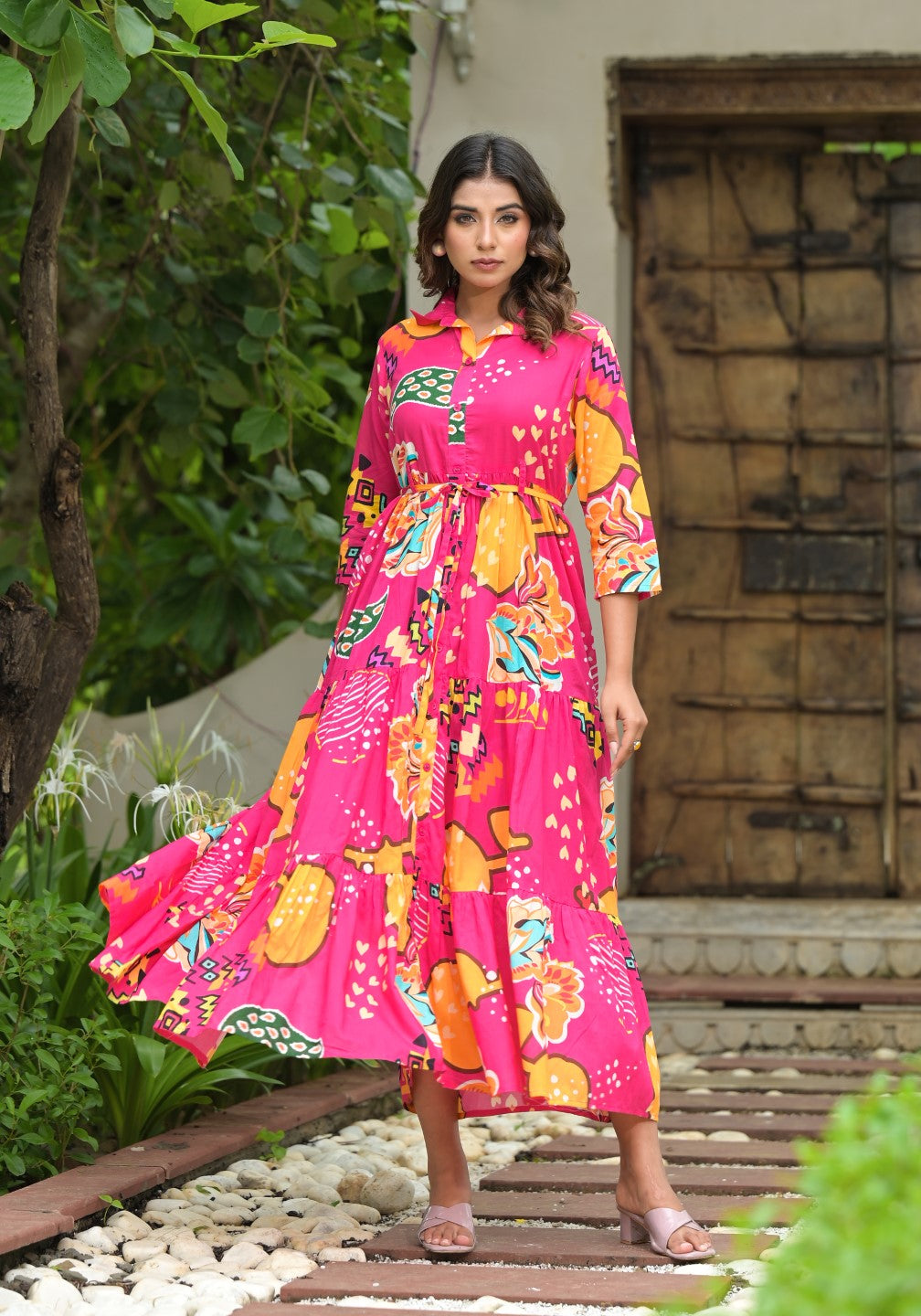 Juniper Women's Fuchsia Geometric Printed Cambric Dress With Buttons & Doris On Waist - Distacart