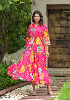 Juniper Women's Fuchsia Geometric Printed Cambric Dress With Buttons & Doris On Waist - Distacart