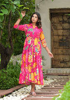 Juniper Women's Fuchsia Geometric Printed Cambric Dress With Buttons & Doris On Waist - Distacart