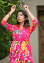 Juniper Women's Fuchsia Geometric Printed Cambric Dress With Buttons & Doris On Waist - Distacart
