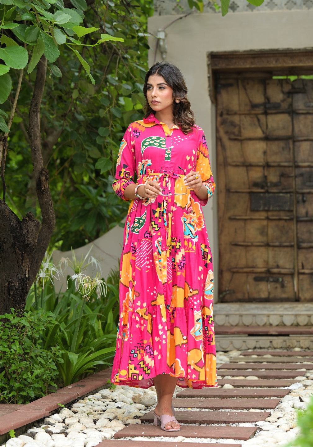 Juniper Women's Fuchsia Geometric Printed Cambric Dress With Buttons & Doris On Waist - Distacart