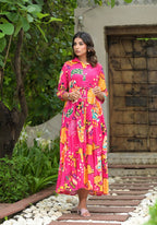 Juniper Women's Fuchsia Geometric Printed Cambric Dress With Buttons & Doris On Waist - Distacart