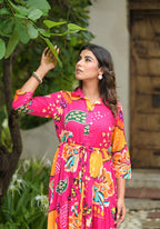 Juniper Women's Fuchsia Geometric Printed Cambric Dress With Buttons & Doris On Waist - Distacart