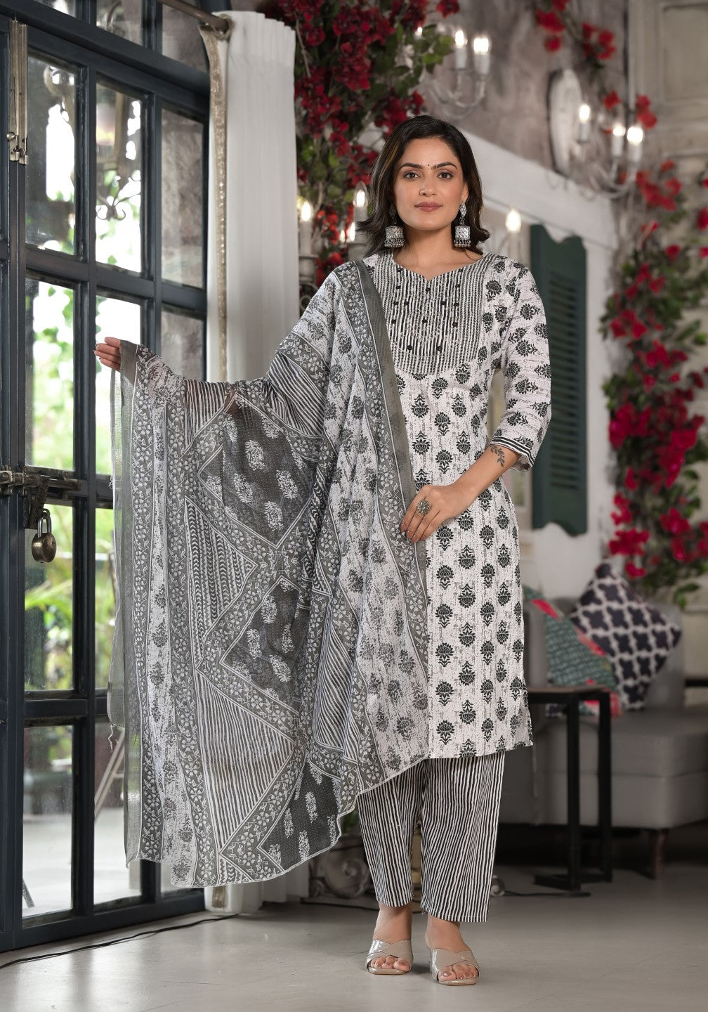 Juniper Women's Black Ethnic Motif Printed Cotton Kurta, Pant And Dupatta Set With Mirror & Thread Work