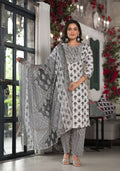 Juniper Women's Black Ethnic Motif Printed Cotton Kurta, Pant And Dupatta Set With Mirror & Thread Work