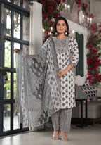 Juniper Women's Black Ethnic Motif Printed Cotton Kurta, Pant And Dupatta Set With Mirror & Thread Work