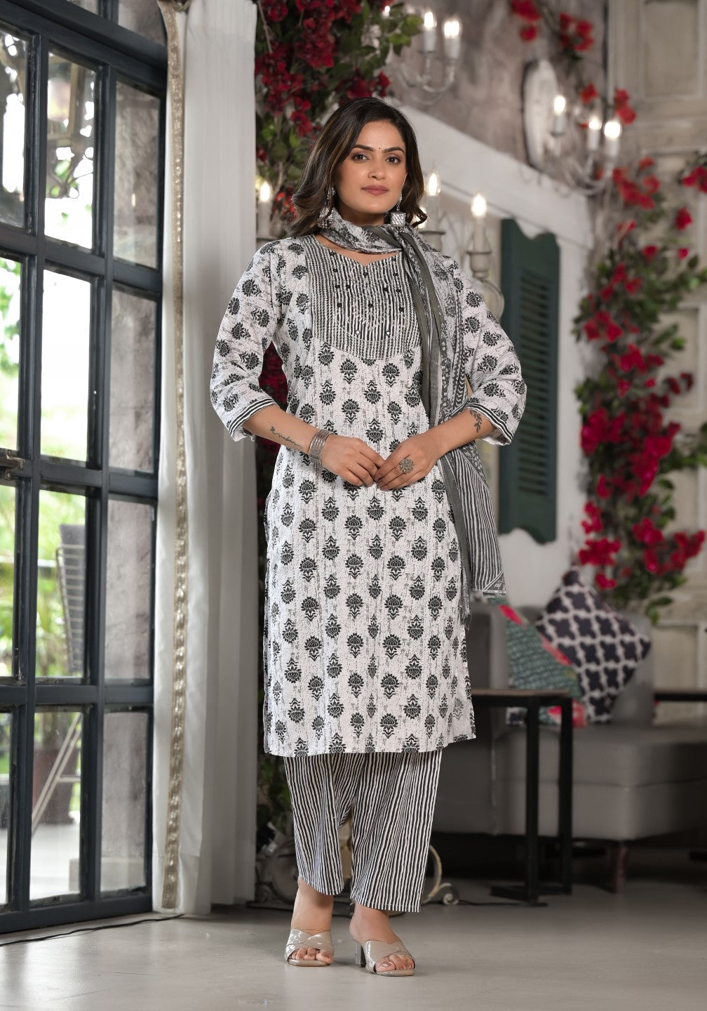 Juniper Women's Black Ethnic Motif Printed Cotton Kurta, Pant And Dupatta Set With Mirror & Thread Work