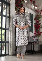 Juniper Women's Black Ethnic Motif Printed Cotton Kurta, Pant And Dupatta Set With Mirror & Thread Work