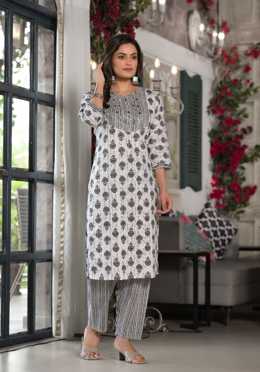 Juniper Women's Black Ethnic Motif Printed Cotton Kurta, Pant And Dupatta Set With Mirror & Thread Work