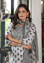 Juniper Women's Black Ethnic Motif Printed Cotton Kurta, Pant And Dupatta Set With Mirror & Thread Work