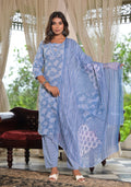 Juniper Women's Sky Blue Ethnic Motif Printed Cotton Kurta, Pant And Dupatta Set With Buttons & Lace