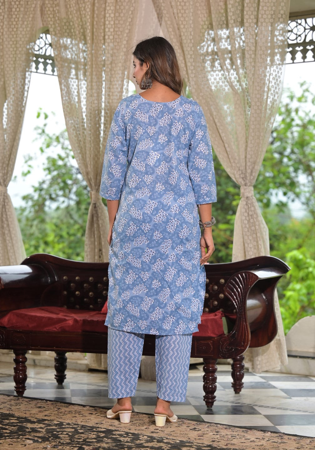 Juniper Women's Sky Blue Ethnic Motif Printed Cotton Kurta, Pant And Dupatta Set With Buttons & Lace