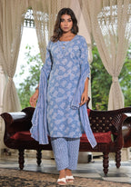 Juniper Women's Sky Blue Ethnic Motif Printed Cotton Kurta, Pant And Dupatta Set With Buttons & Lace