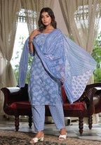 Juniper Women's Sky Blue Ethnic Motif Printed Cotton Kurta, Pant And Dupatta Set With Buttons & Lace