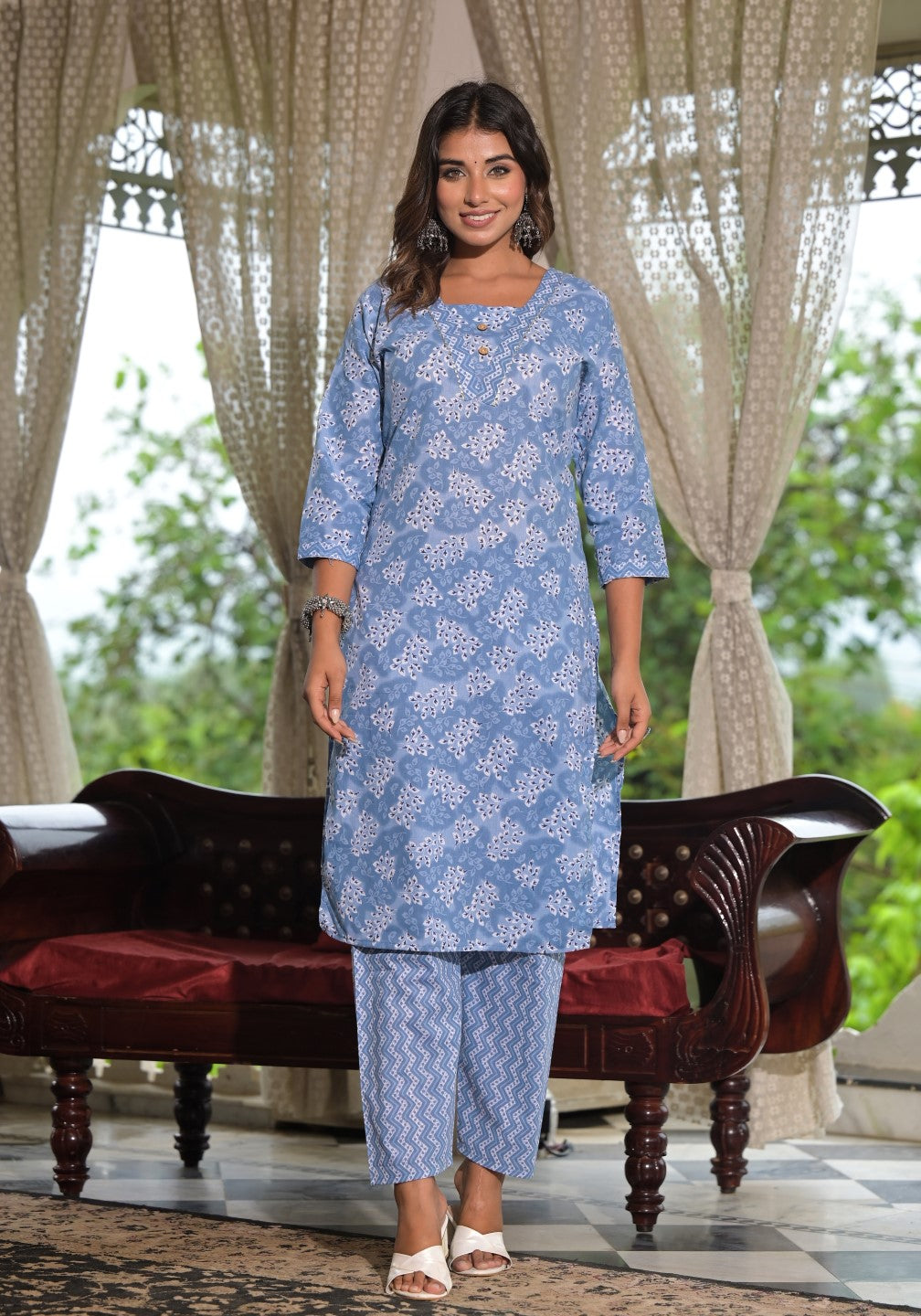 Juniper Women's Sky Blue Ethnic Motif Printed Cotton Kurta, Pant And Dupatta Set With Buttons & Lace