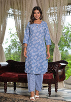 Juniper Women's Sky Blue Ethnic Motif Printed Cotton Kurta, Pant And Dupatta Set With Buttons & Lace