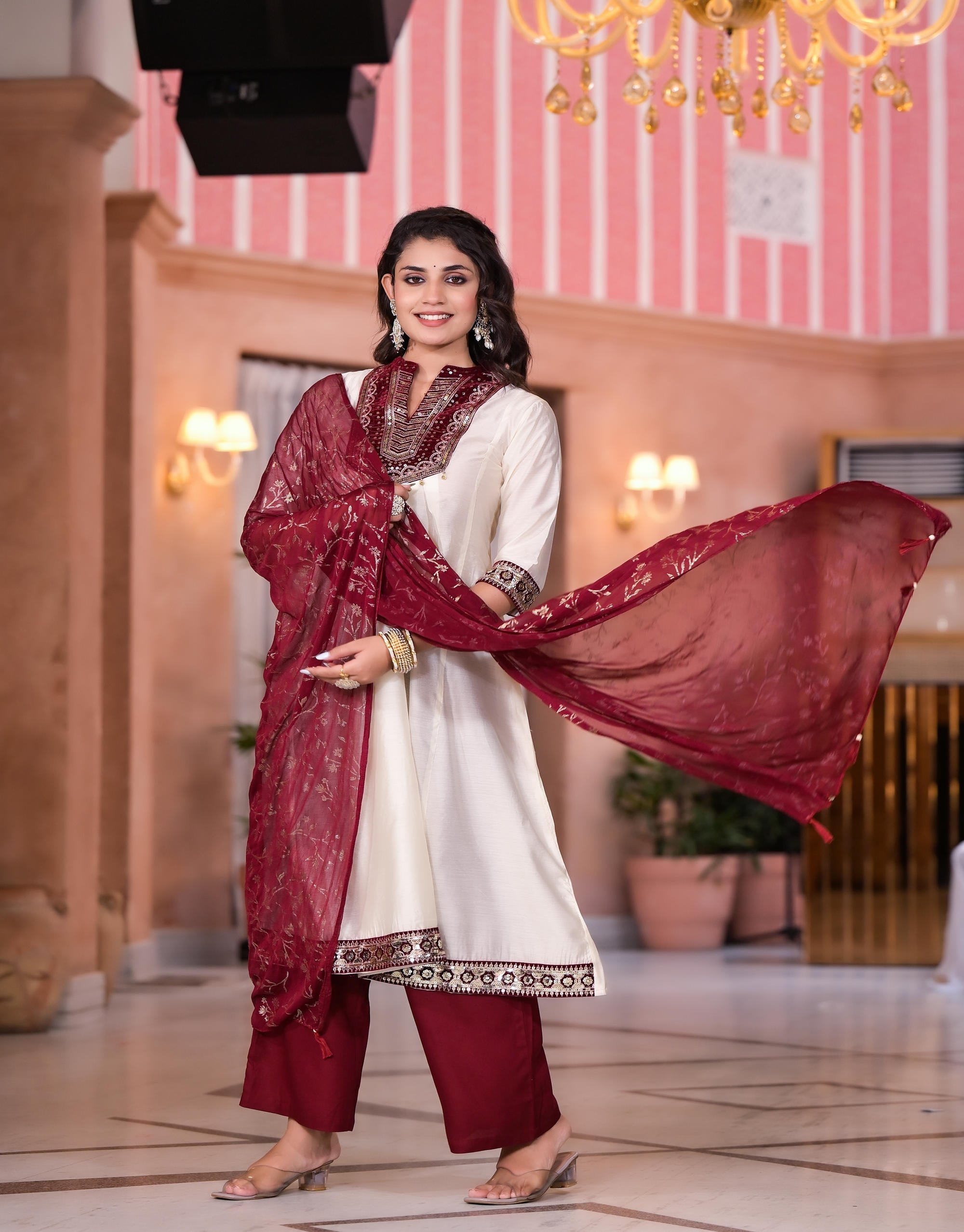 Juniper Women's Ivory Zari Embroidered Chanderi Kurta Set With Sequins & Beads