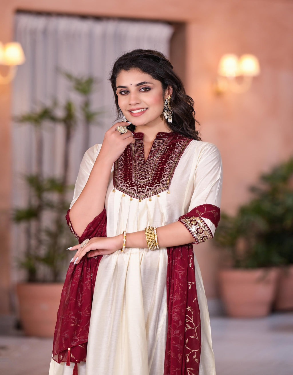 Juniper Women's Ivory Zari Embroidered Chanderi Kurta Set With Sequins & Beads