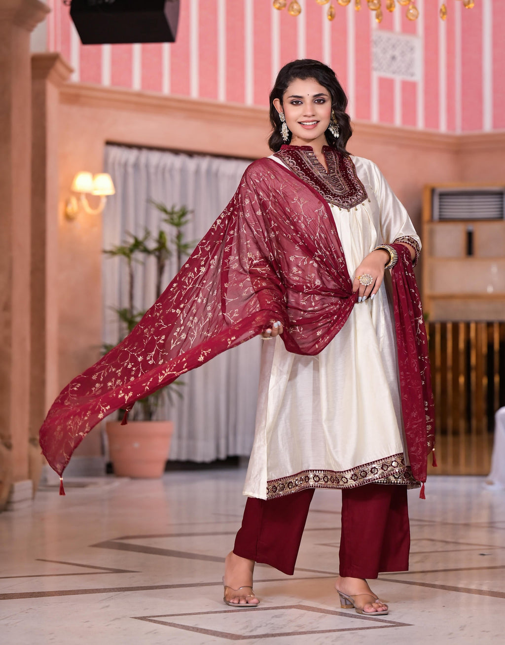 Juniper Women's Ivory Zari Embroidered Chanderi Kurta Set With Sequins & Beads
