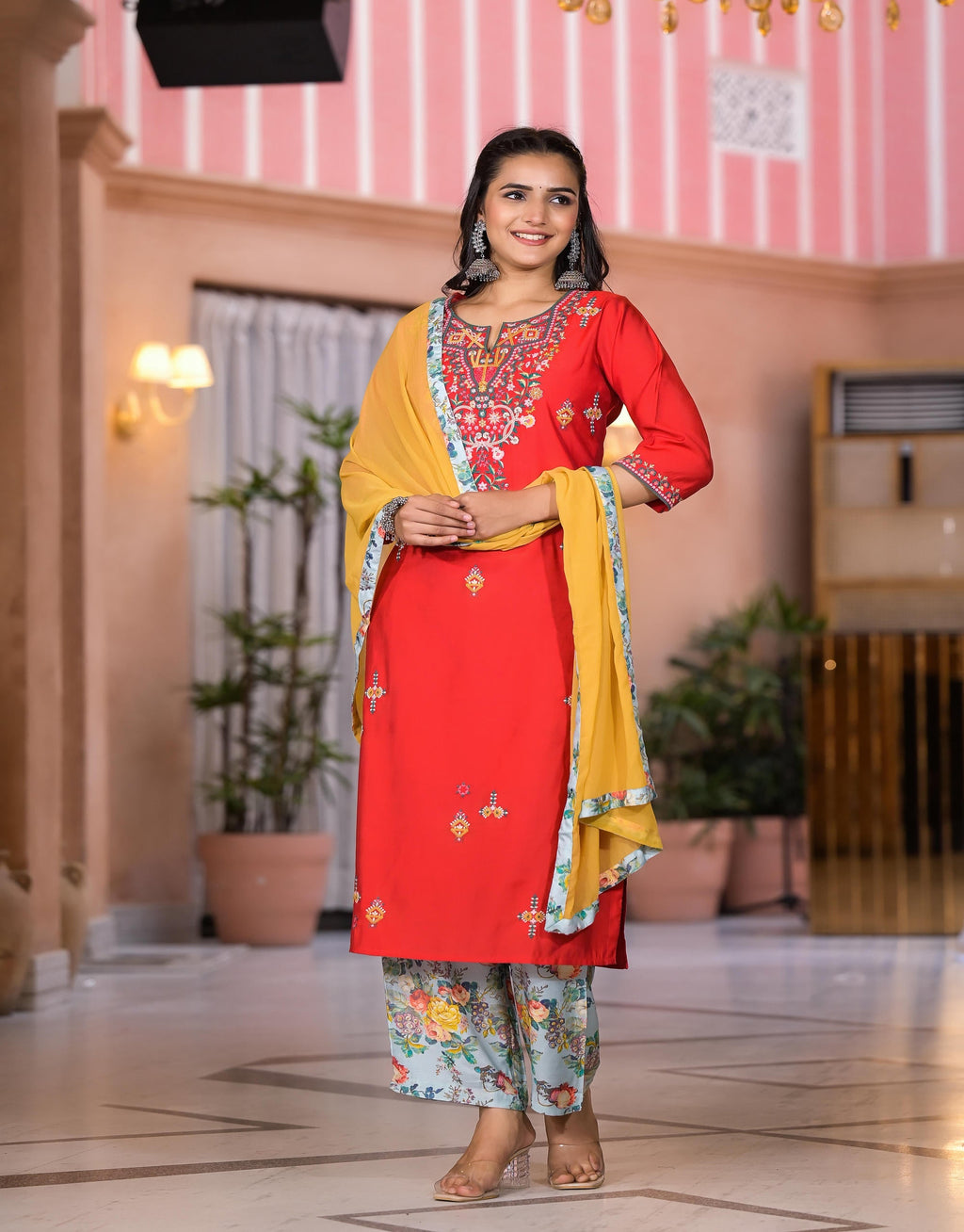 Juniper Women's Multi Color Floral Printed Viscose Kurta Set With Mirror & Thread Work - Distacart