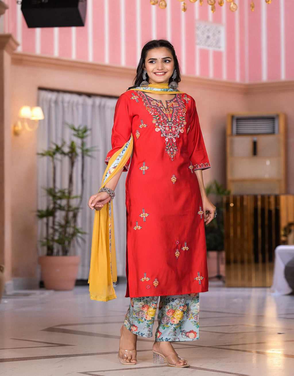 Juniper Women's Multi Color Floral Printed Viscose Kurta Set With Mirror & Thread Work - Distacart