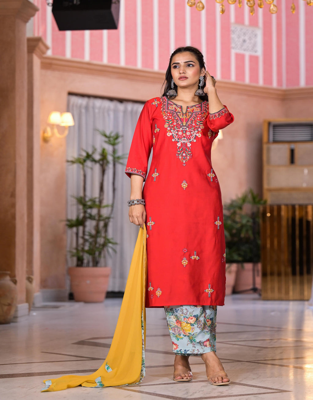 Juniper Women's Multi Color Floral Printed Viscose Kurta Set With Mirror & Thread Work - Distacart