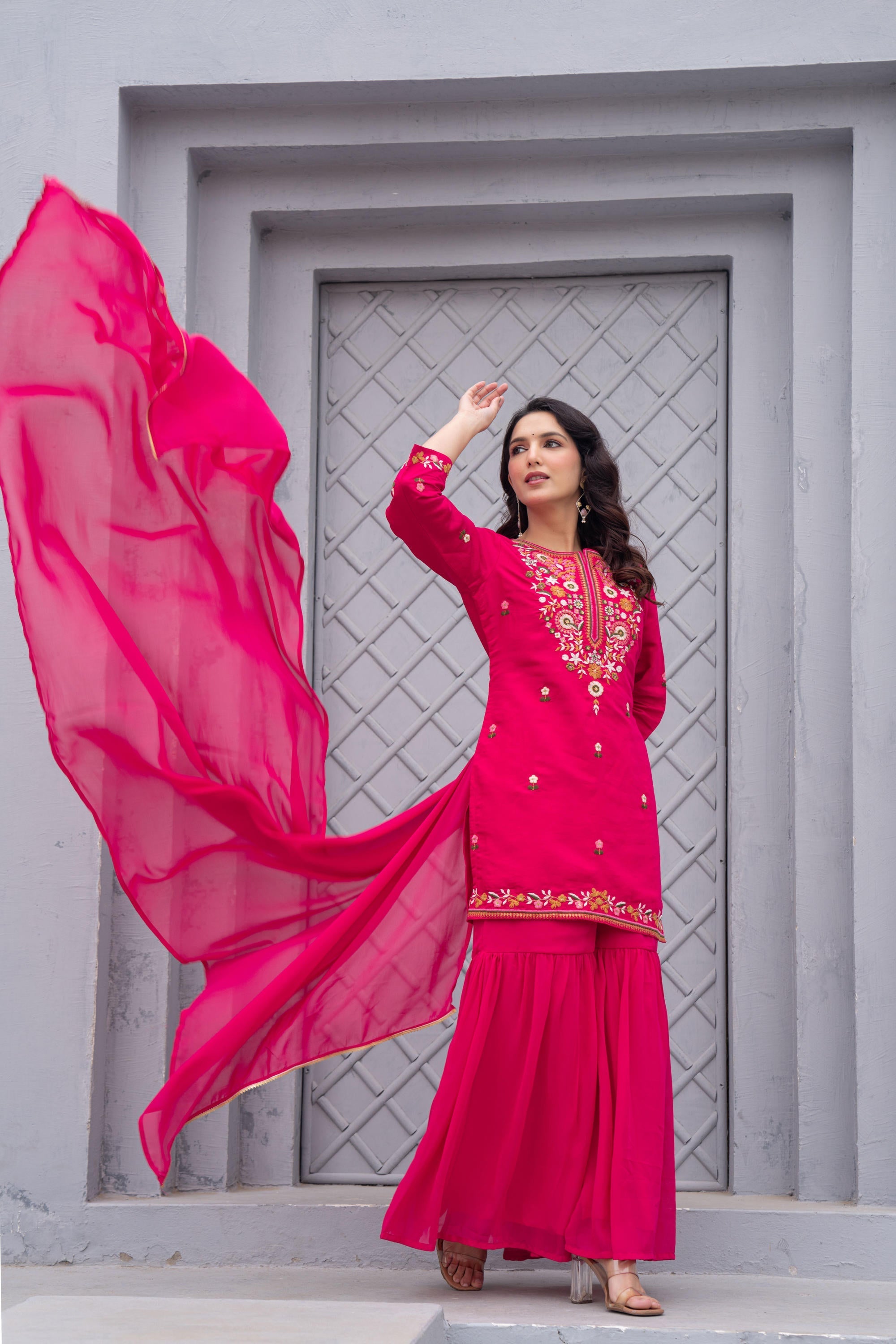 Juniper Gulnaar Gulab Embroidered Sharara Set - Distacart