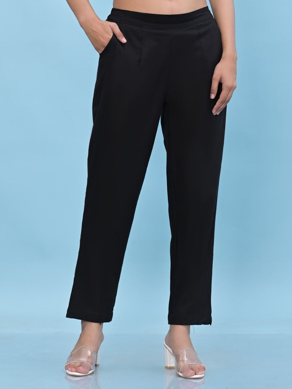 Juniper Women's Black Solid Cotton Pants with Partially Elasticated Waistband and Two Side Pockets