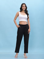 Juniper Women's Black Solid Cotton Pants with Partially Elasticated Waistband and Two Side Pockets