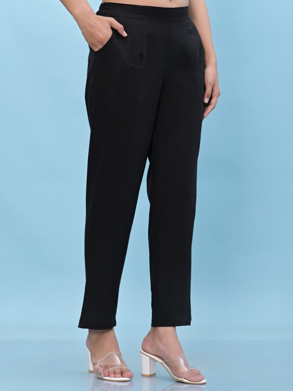 Juniper Women's Black Solid Cotton Pants with Partially Elasticated Waistband and Two Side Pockets