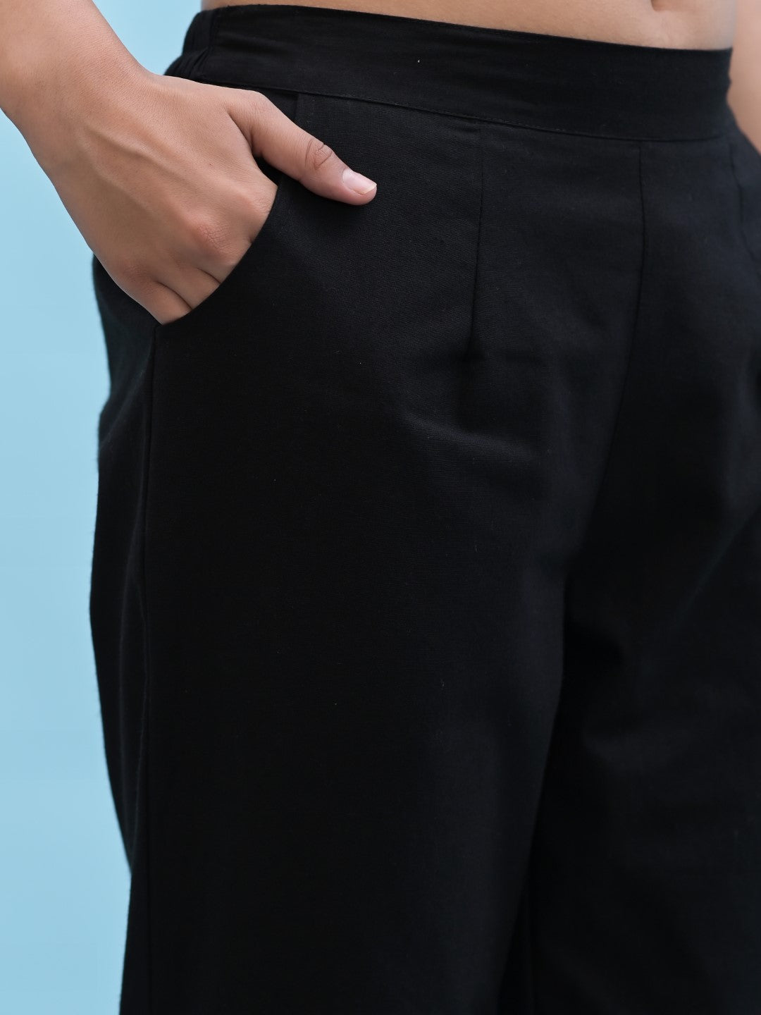 Juniper Women's Black Solid Cotton Pants with Partially Elasticated Waistband and Two Side Pockets