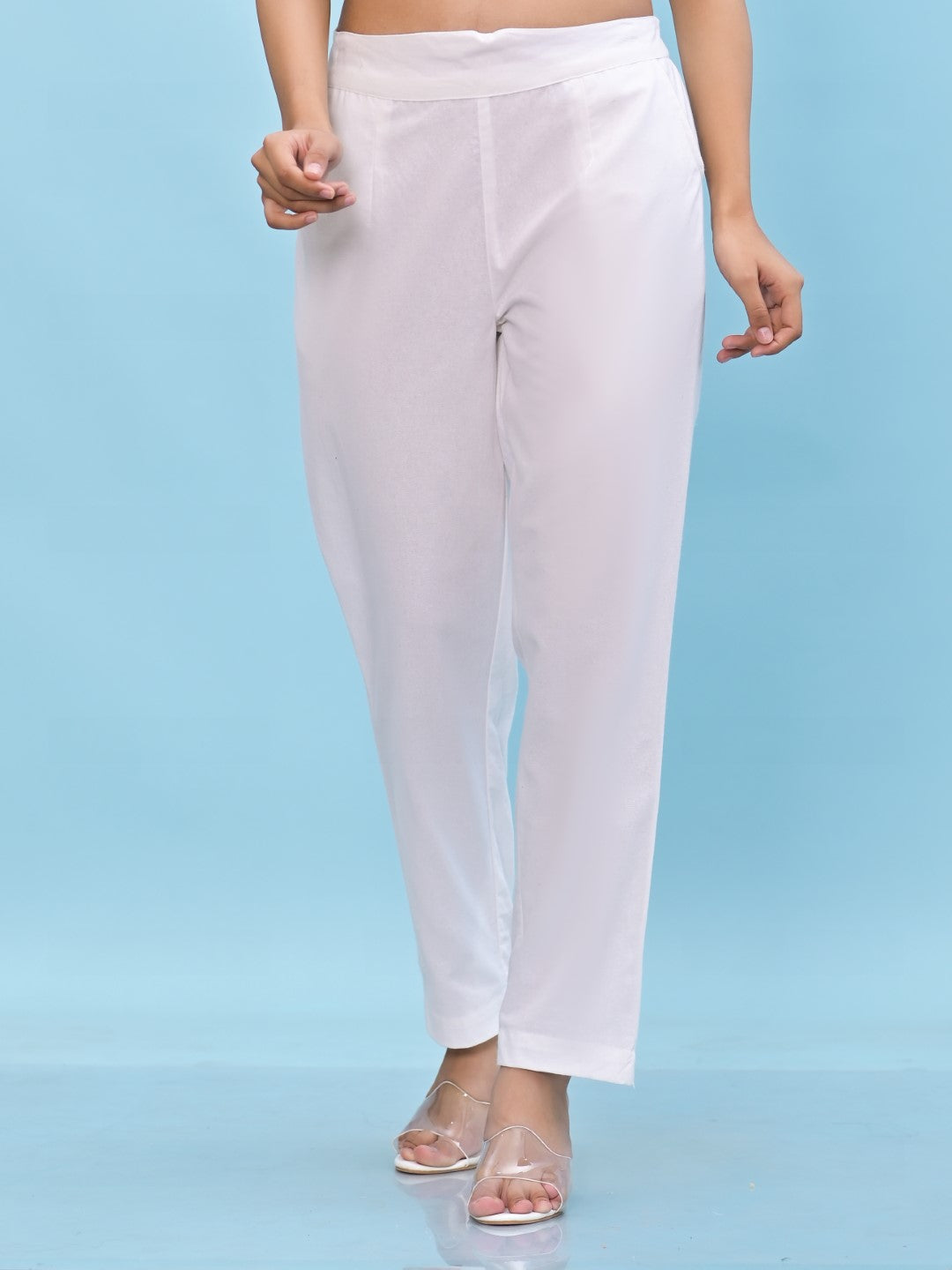 Juniper Women's White Solid Cotton Pants with Partially Elasticated Waistband and Two Side Pockets