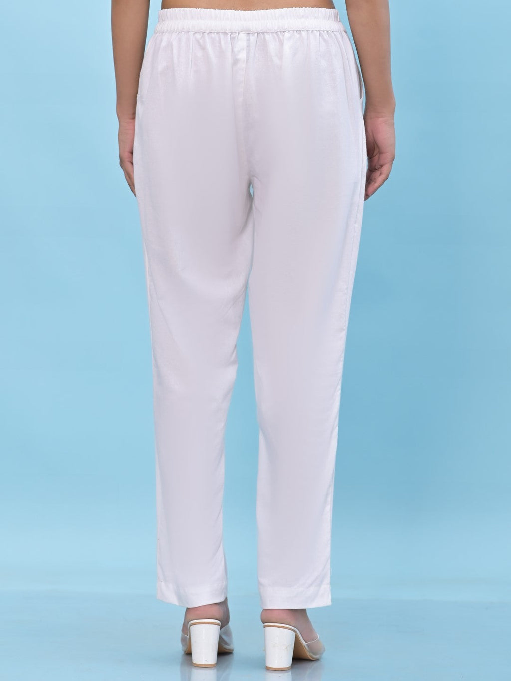 Juniper Women's White Solid Cotton Pants with Partially Elasticated Waistband and Two Side Pockets
